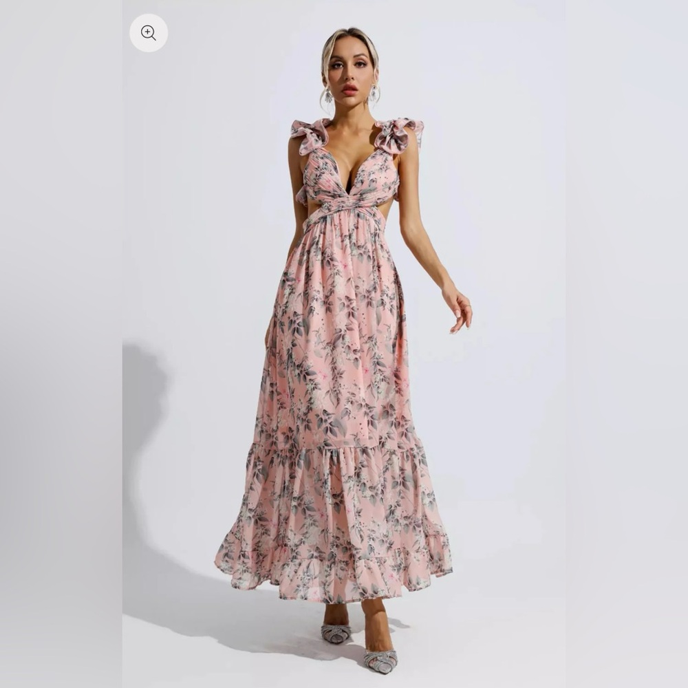 Pink Floral Backless Maxi Dress